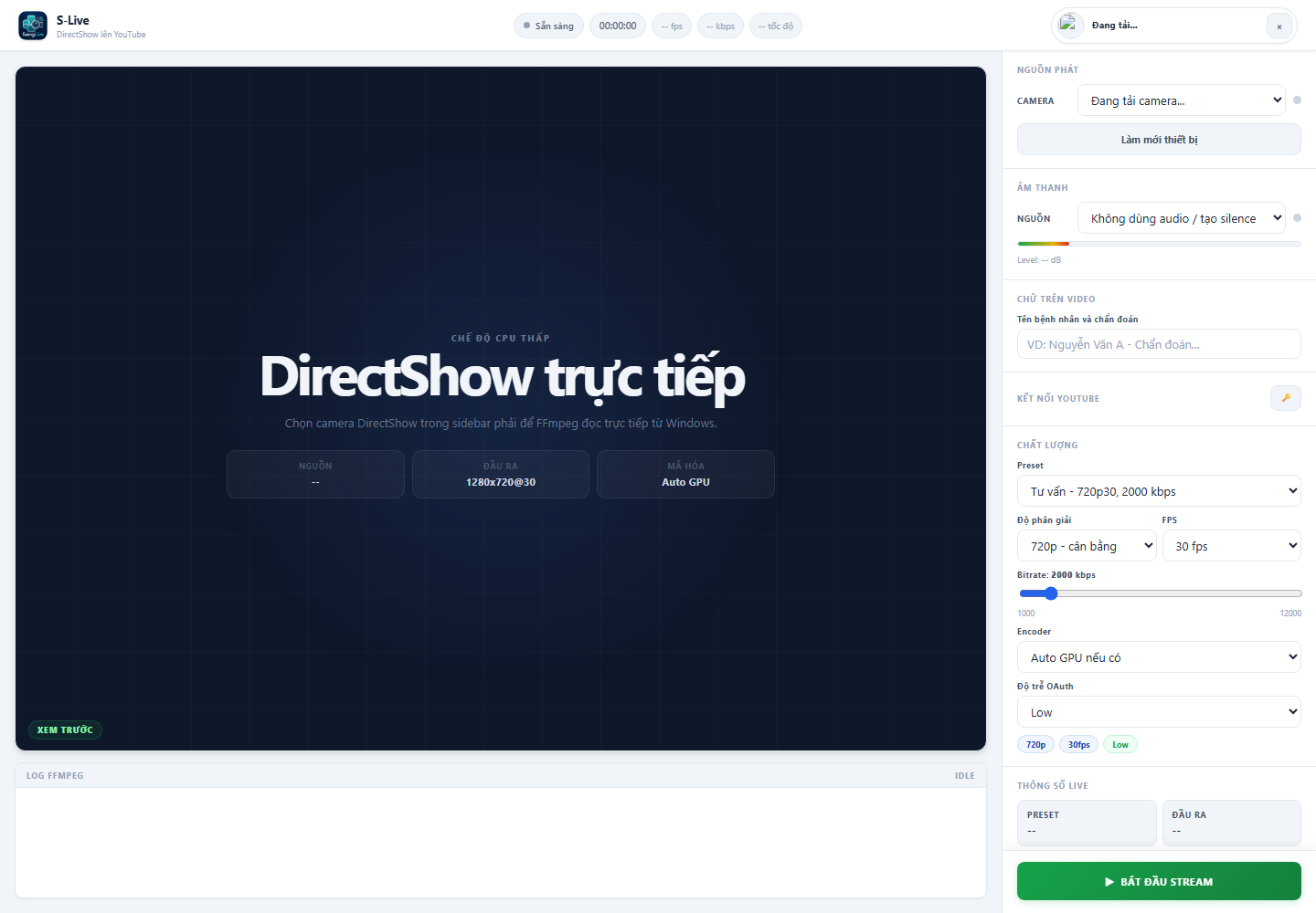 Giao diện S-Live với preview DirectShow và panel cấu hình livestream