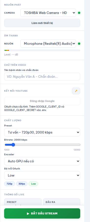 Panel cài đặt chất lượng và nguồn phát của S-Live